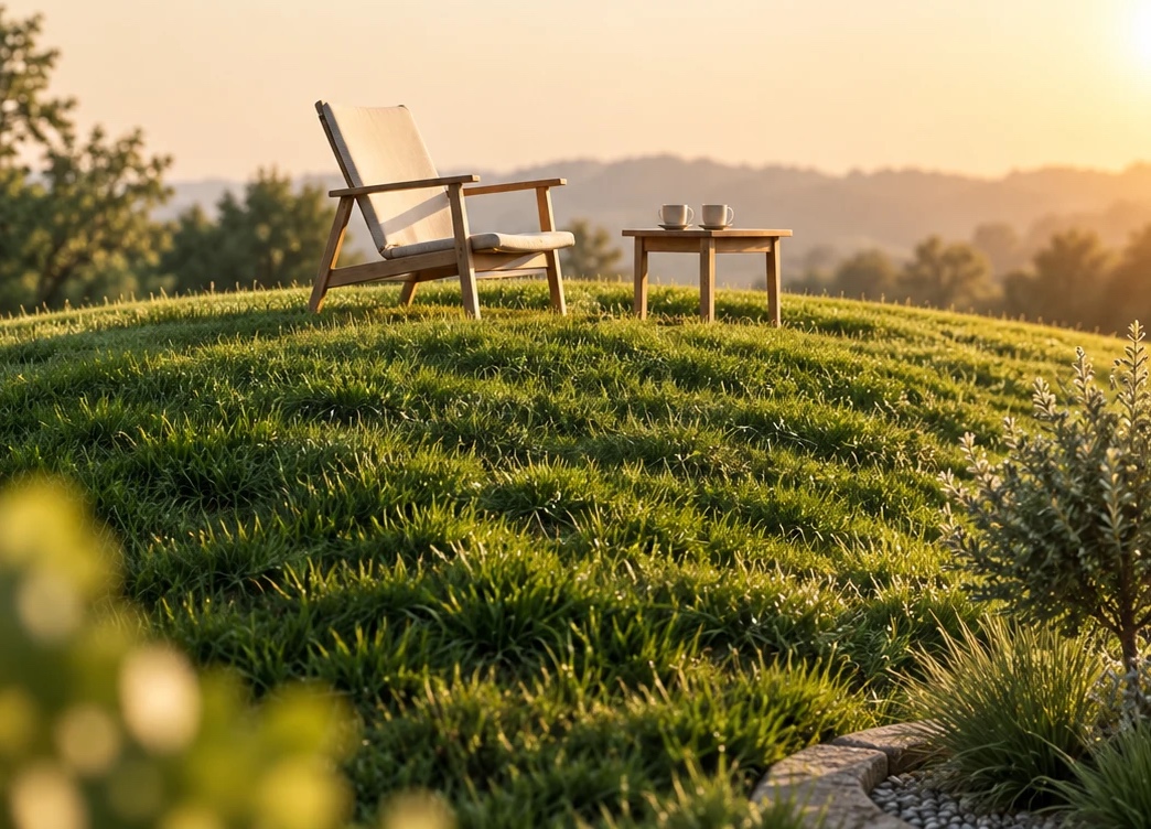 Un fauteuil et deux tasses sur une pelouse vallonnée, face au soleil couchant