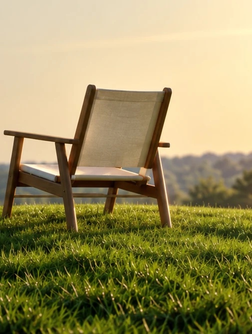 Fauteuil en bois posé sur une pelouse au coucher du soleil